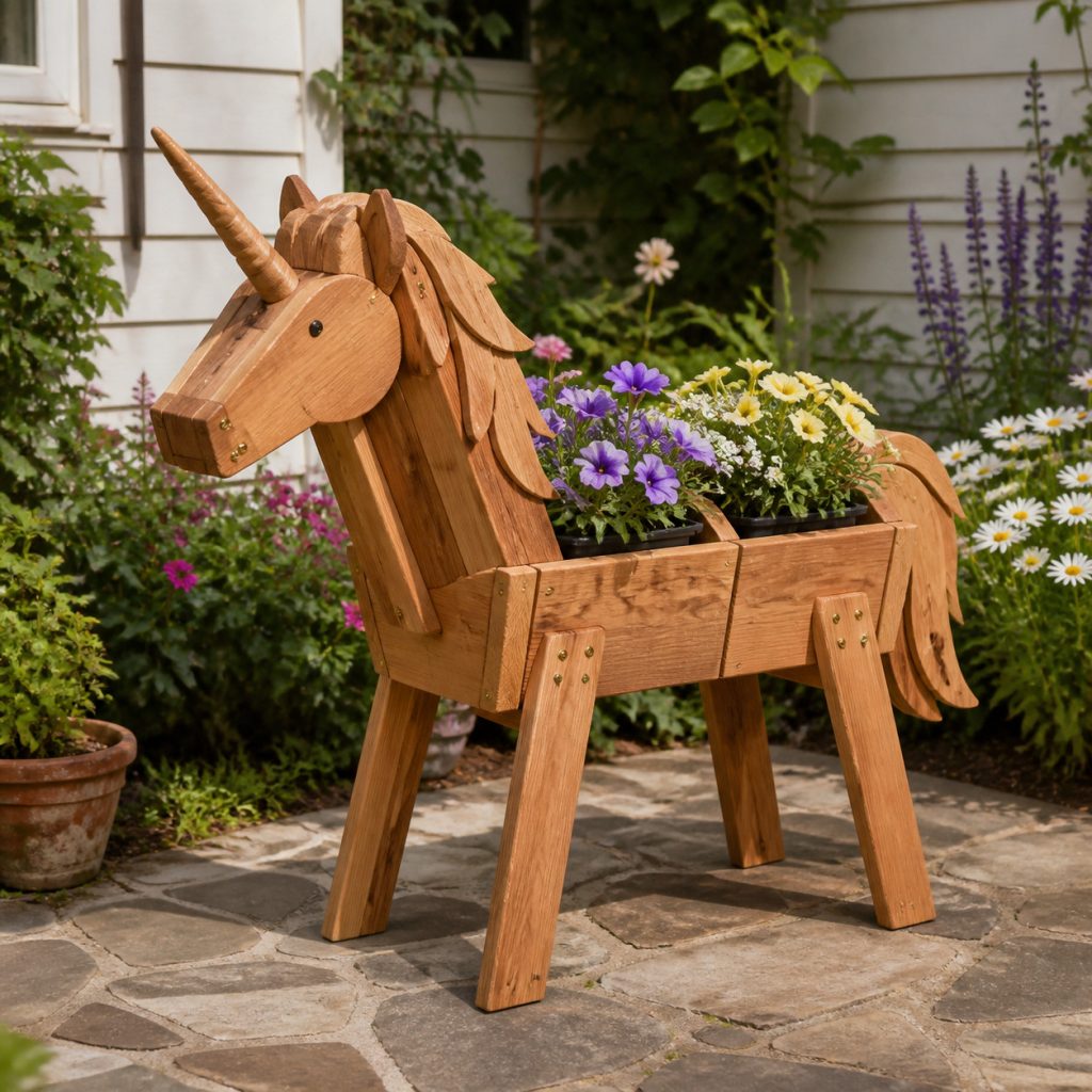 Unicorn with Saddle Pots shown as a square photorealistic cedar garden planter filled with cottage flowers