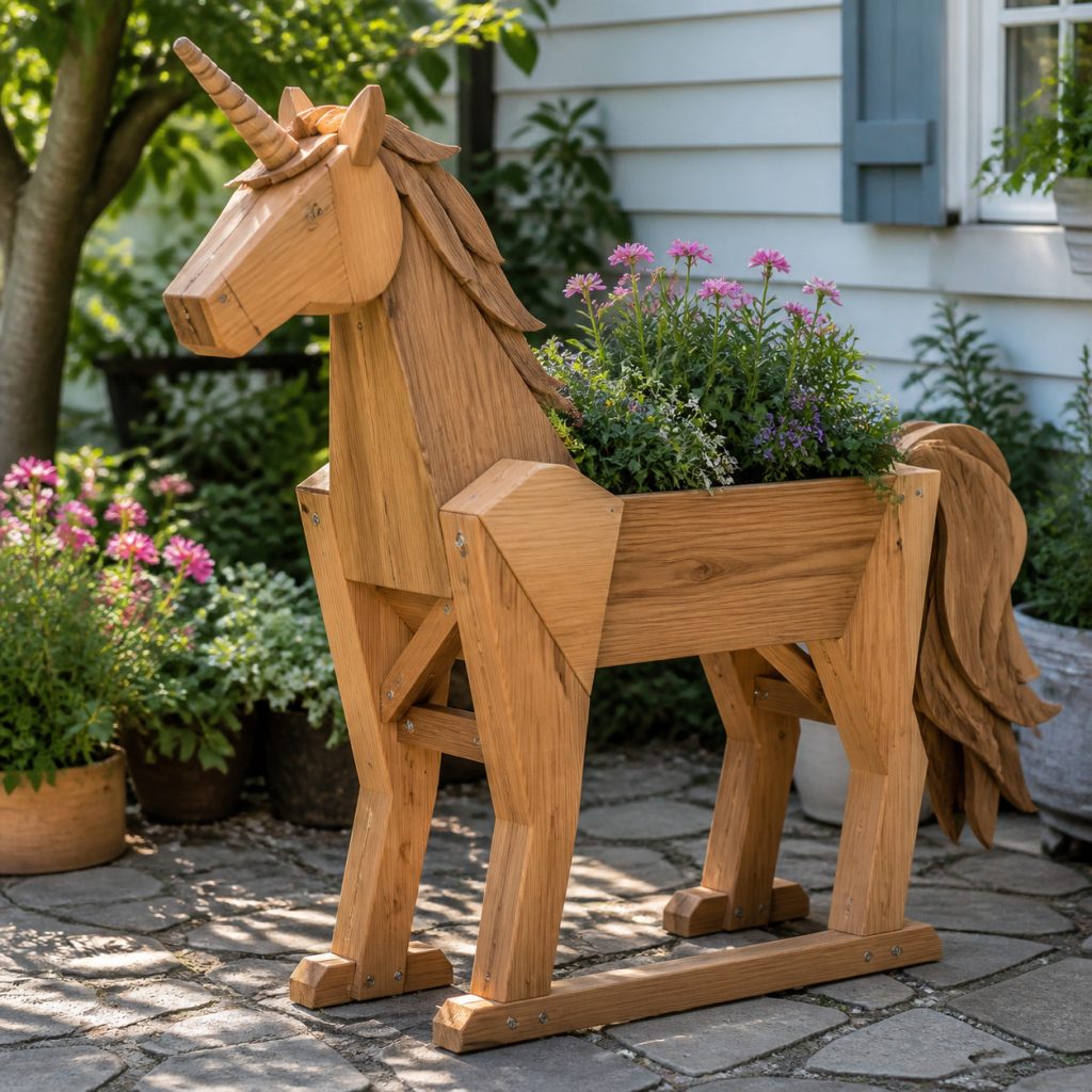 Modern Geometric Unicorn shown as a square photorealistic cedar garden planter filled with cottage flowers