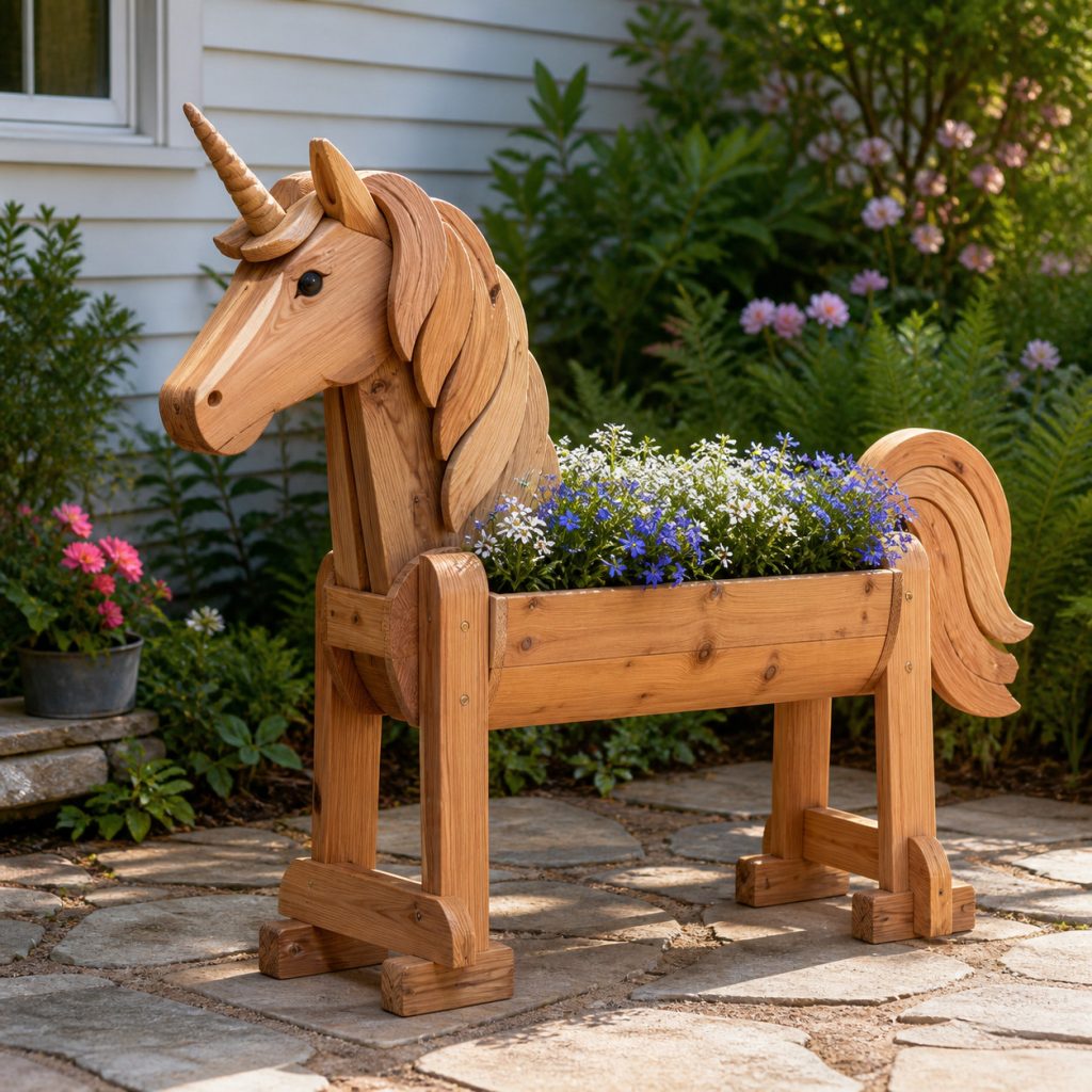 Layered-Mane Flower Unicorn shown as a square photorealistic cedar garden planter filled with cottage flowers