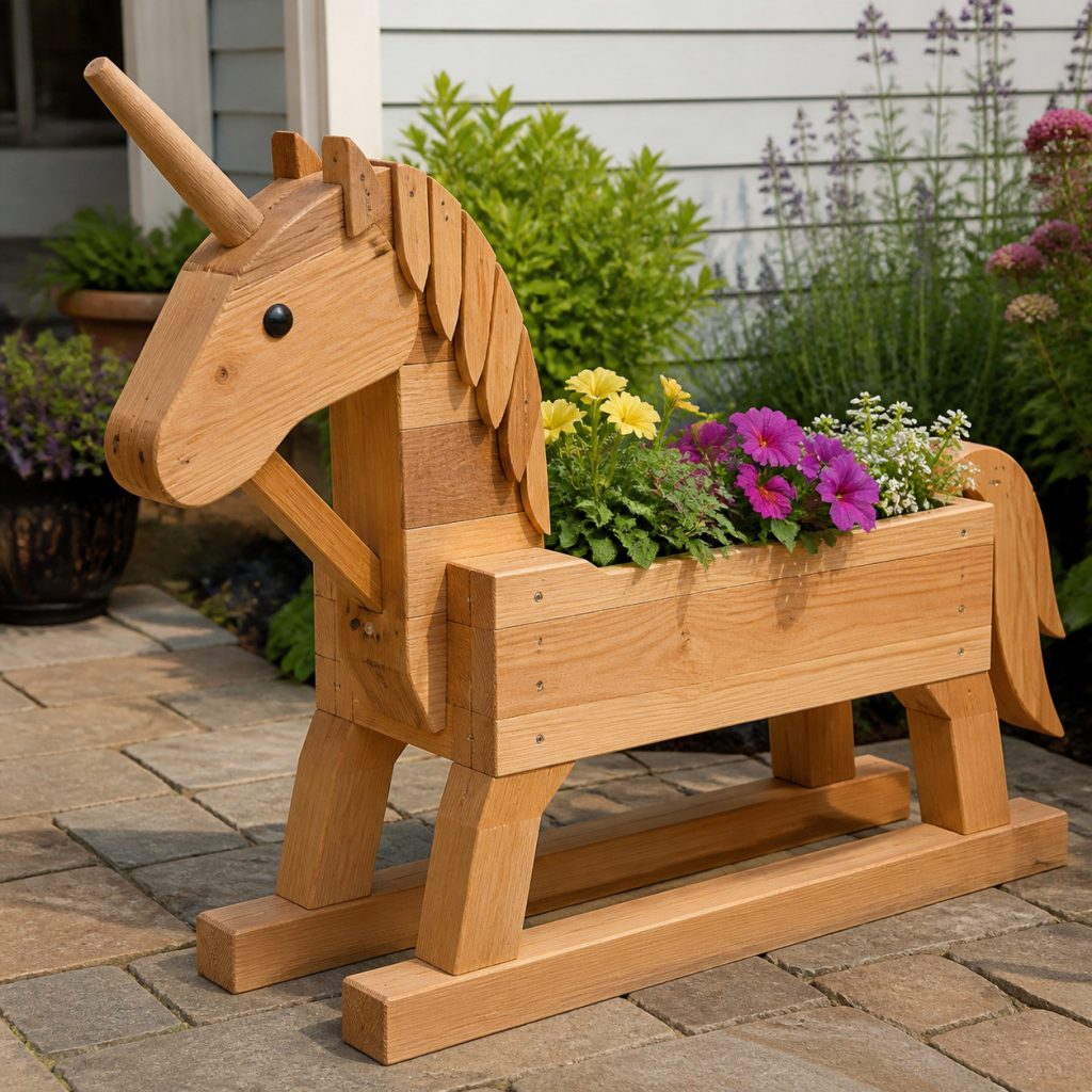 Low Broad-Stance Unicorn shown as a square photorealistic cedar garden planter filled with cottage flowers
