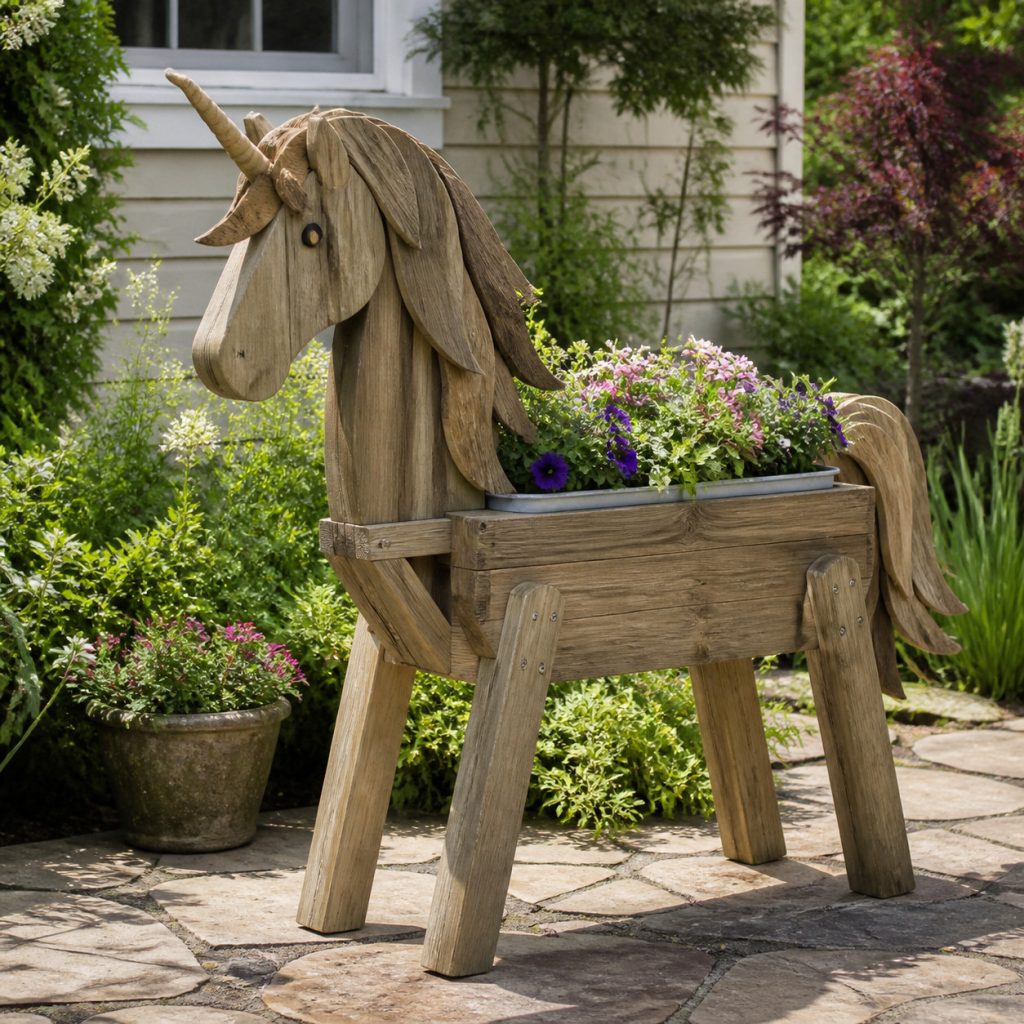 Weathered Garden Unicorn shown as a square photorealistic cedar garden planter filled with cottage flowers