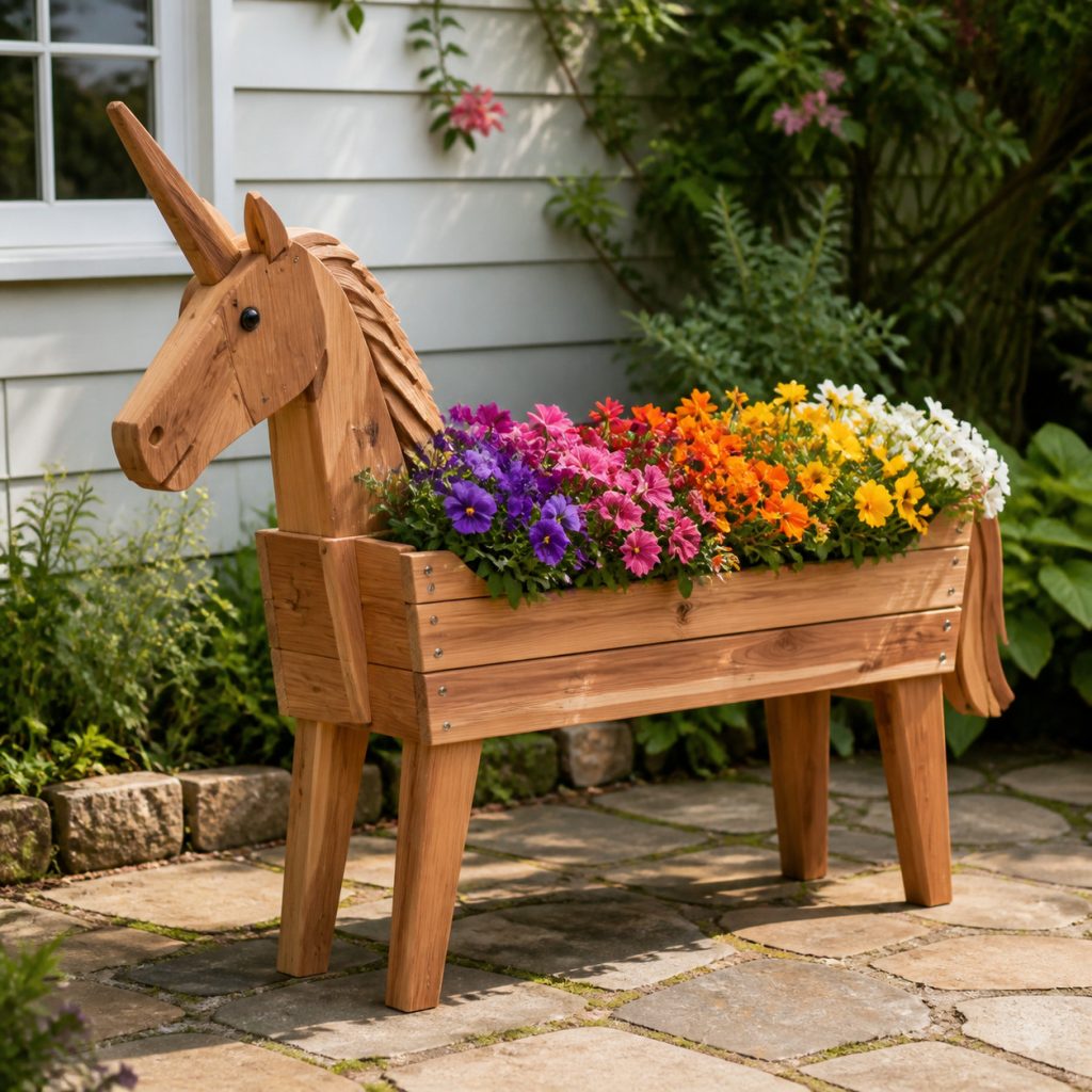 Rainbow-Flower Unicorn Box shown as a square photorealistic cedar garden planter filled with cottage flowers