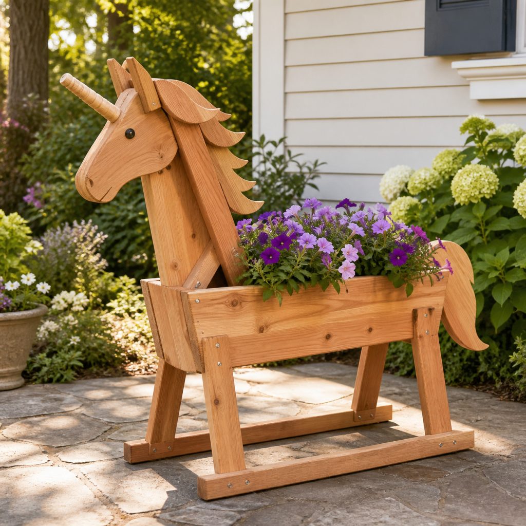 Unicorn on Wide Base Rails shown as a square photorealistic cedar garden planter filled with cottage flowers