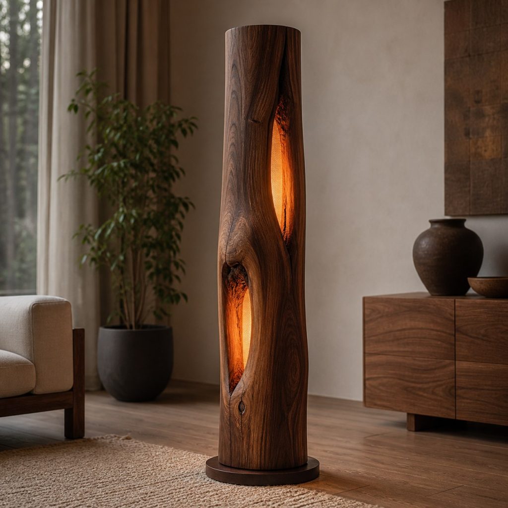 Walnut Trunk-Cavity Floor Lamp shown as an original square photorealistic solid walnut lamp dominated by real timber grain and warm diffused LED light