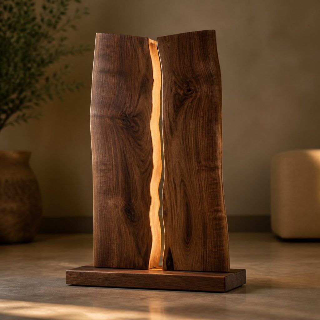 Bookmatched Walnut Twin-Slab Lamp shown as an original square photorealistic solid walnut lamp dominated by real timber grain and warm diffused LED light