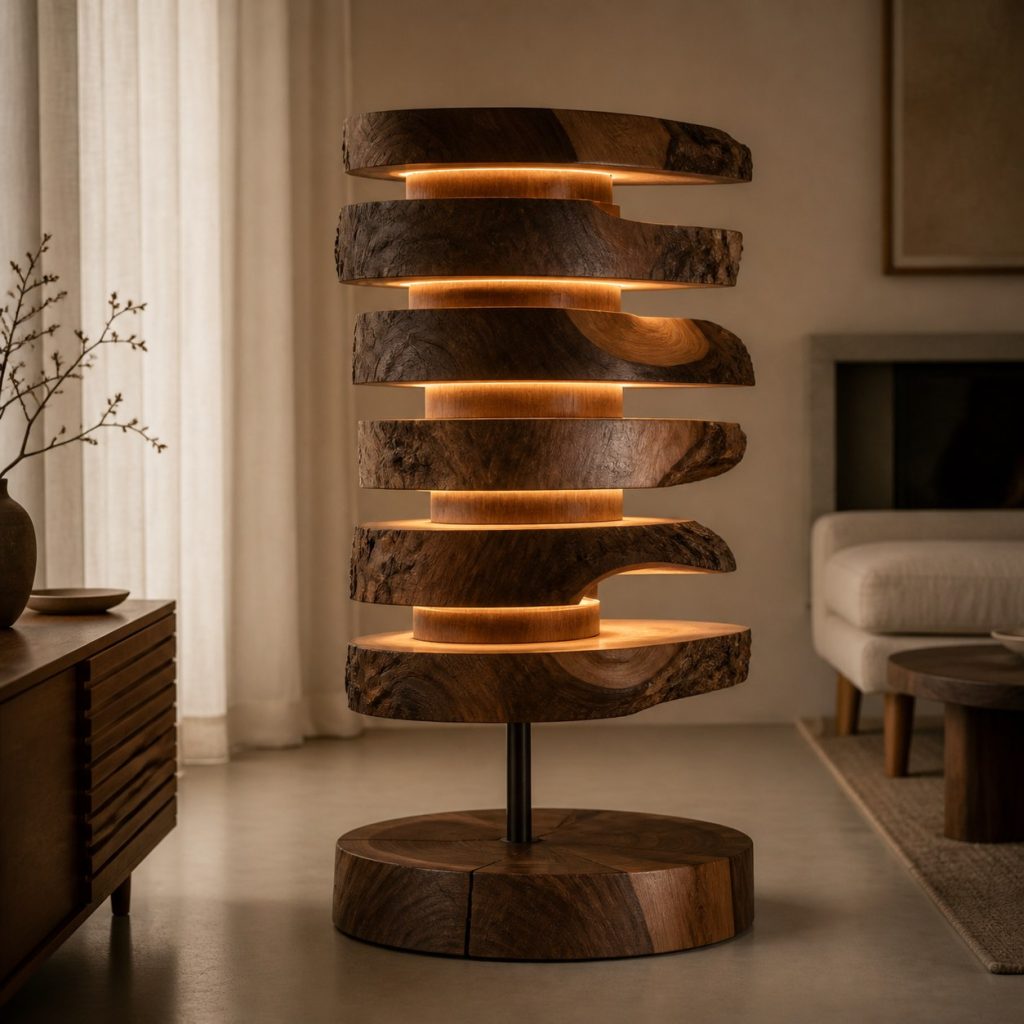 Stacked Walnut Live-Edge Slice Lamp shown as an original square photorealistic solid walnut lamp dominated by real timber grain and warm diffused LED light