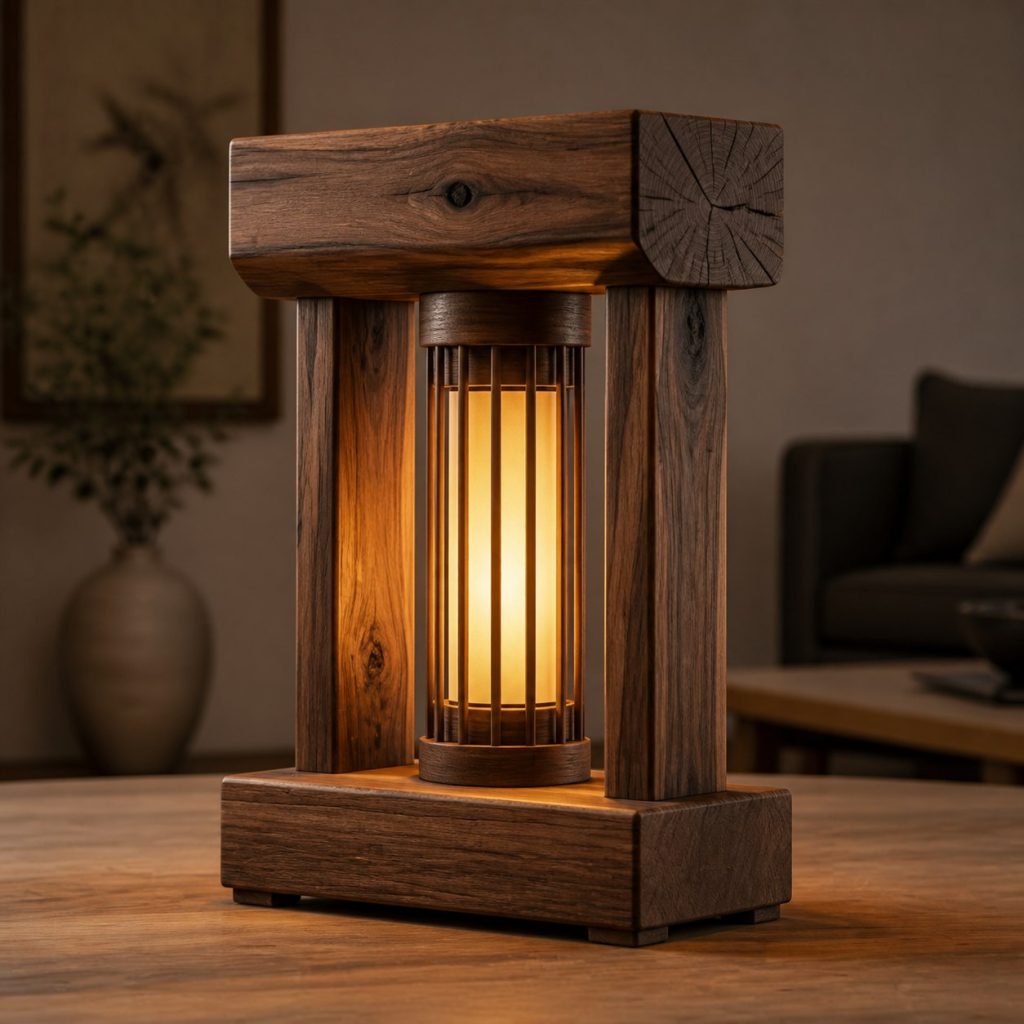Walnut Beam Portal Lamp shown as an original square photorealistic solid walnut lamp dominated by real timber grain and warm diffused LED light