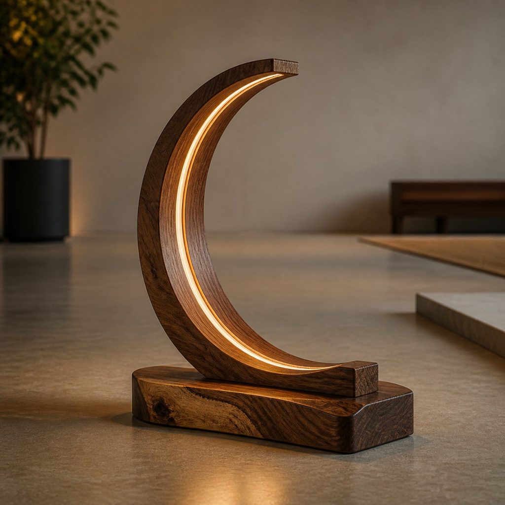 Sculpted Walnut Crescent Lamp shown as an original square photorealistic solid walnut lamp dominated by real timber grain and warm diffused LED light