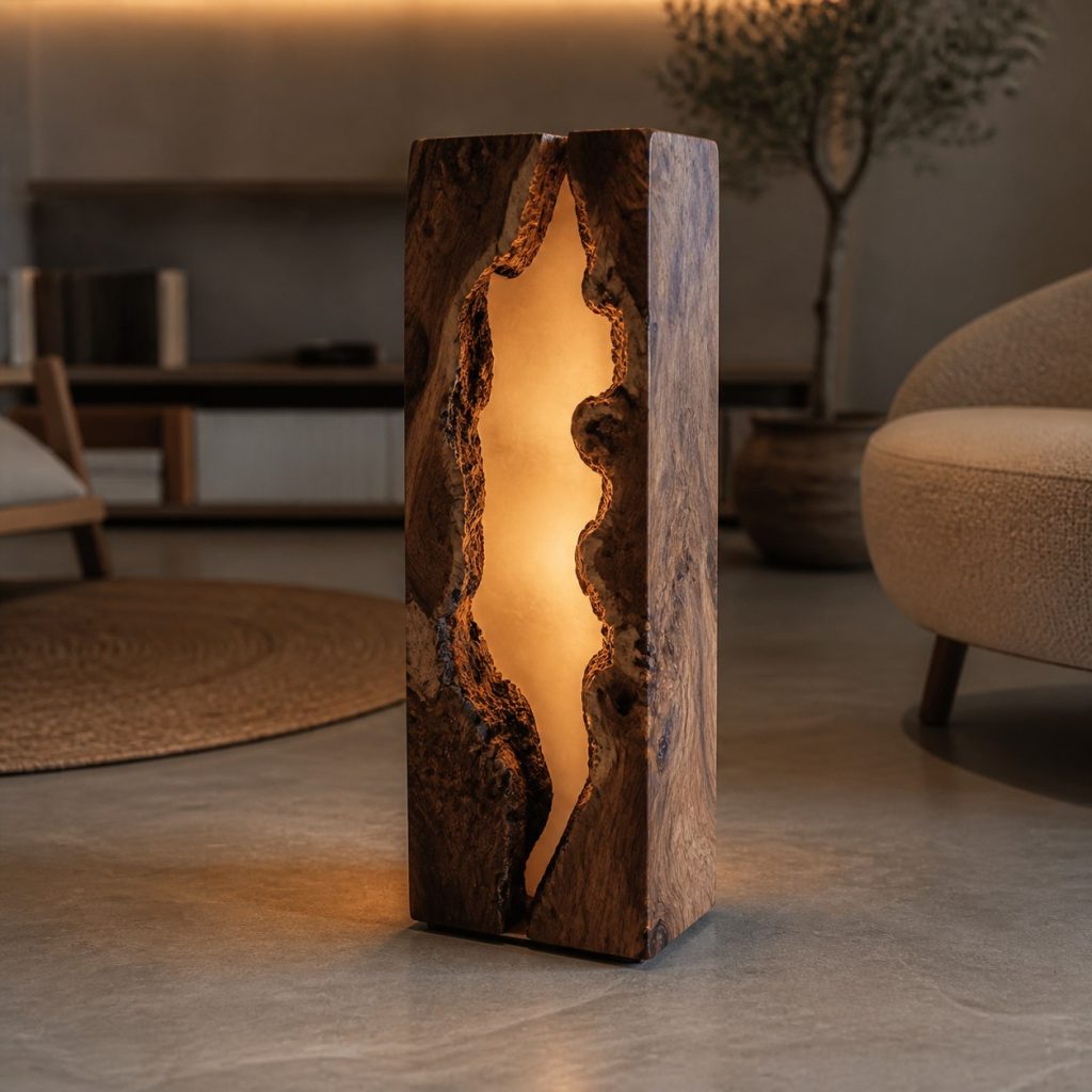 Walnut Burl Core Lantern shown as an original square photorealistic solid walnut lamp dominated by real timber grain and warm diffused LED light