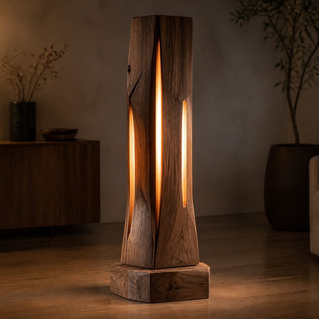 Faceted Walnut Light-Slot Tower shown as an original square photorealistic solid walnut lamp dominated by real timber grain and warm diffused LED light