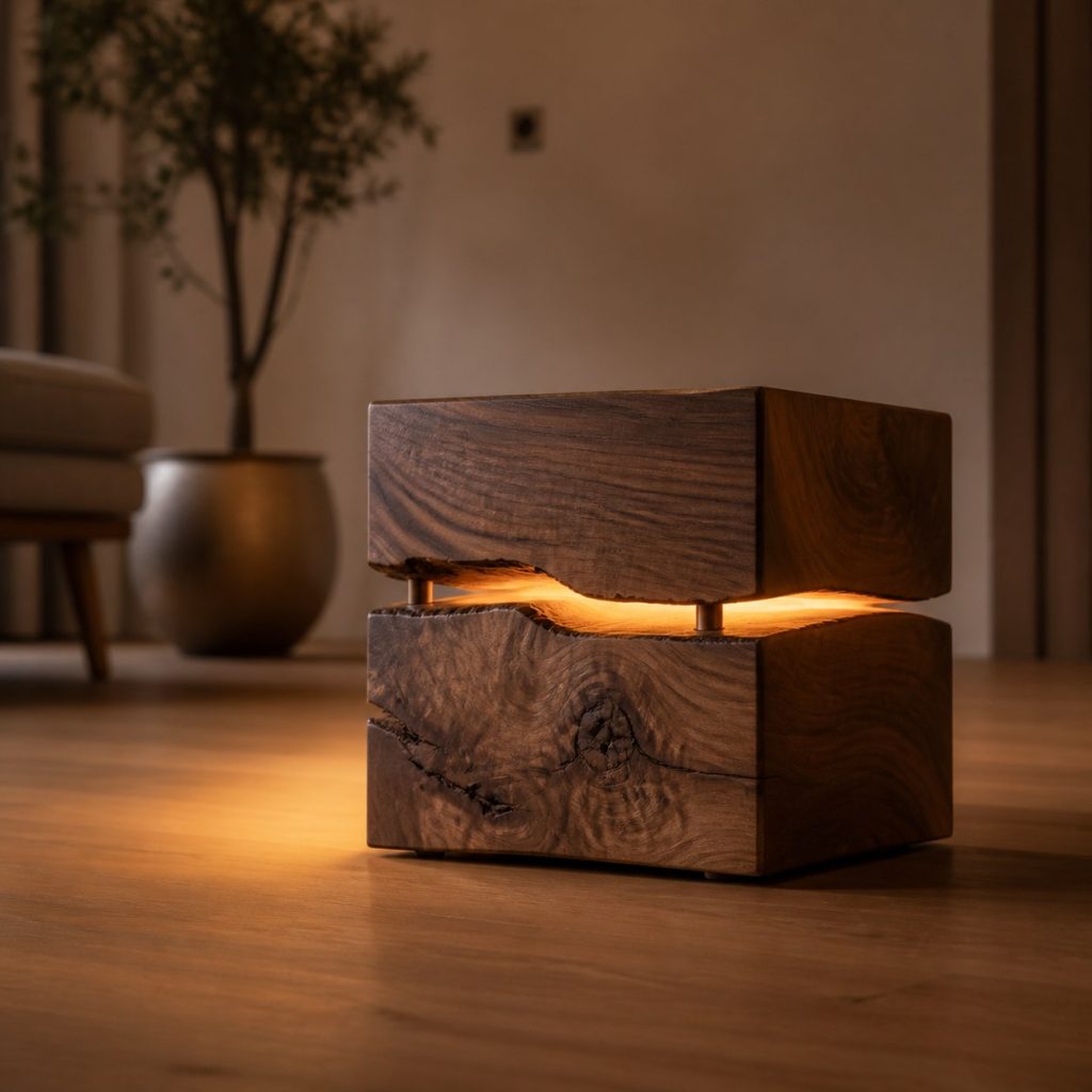 Low Walnut Split-Block Lamp shown as an original square photorealistic solid walnut lamp dominated by real timber grain and warm diffused LED light