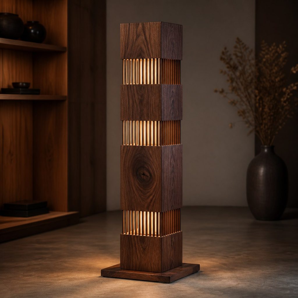 Banded Walnut Floor Column shown as an original square photorealistic solid walnut lamp dominated by real timber grain and warm diffused LED light