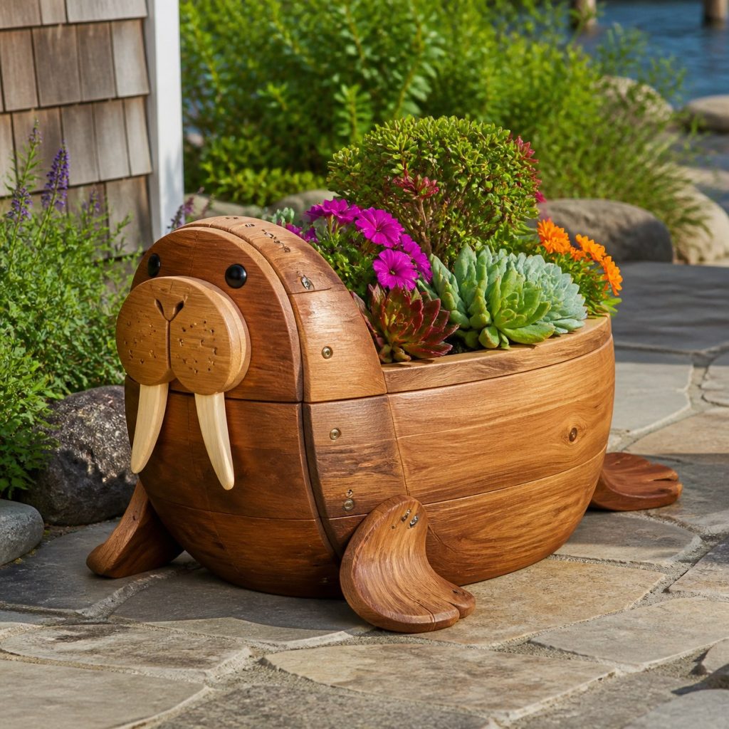 Compact Succulent Walrus shown as a square photorealistic cedar walrus-shaped garden planter filled with flowers