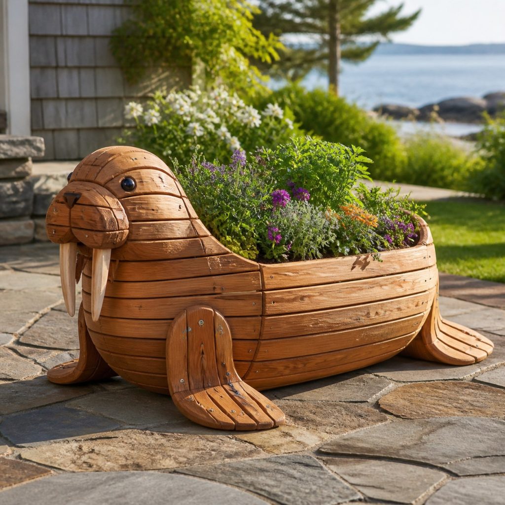 Slatted Herb-Trough Walrus shown as a square photorealistic cedar walrus-shaped garden planter filled with flowers