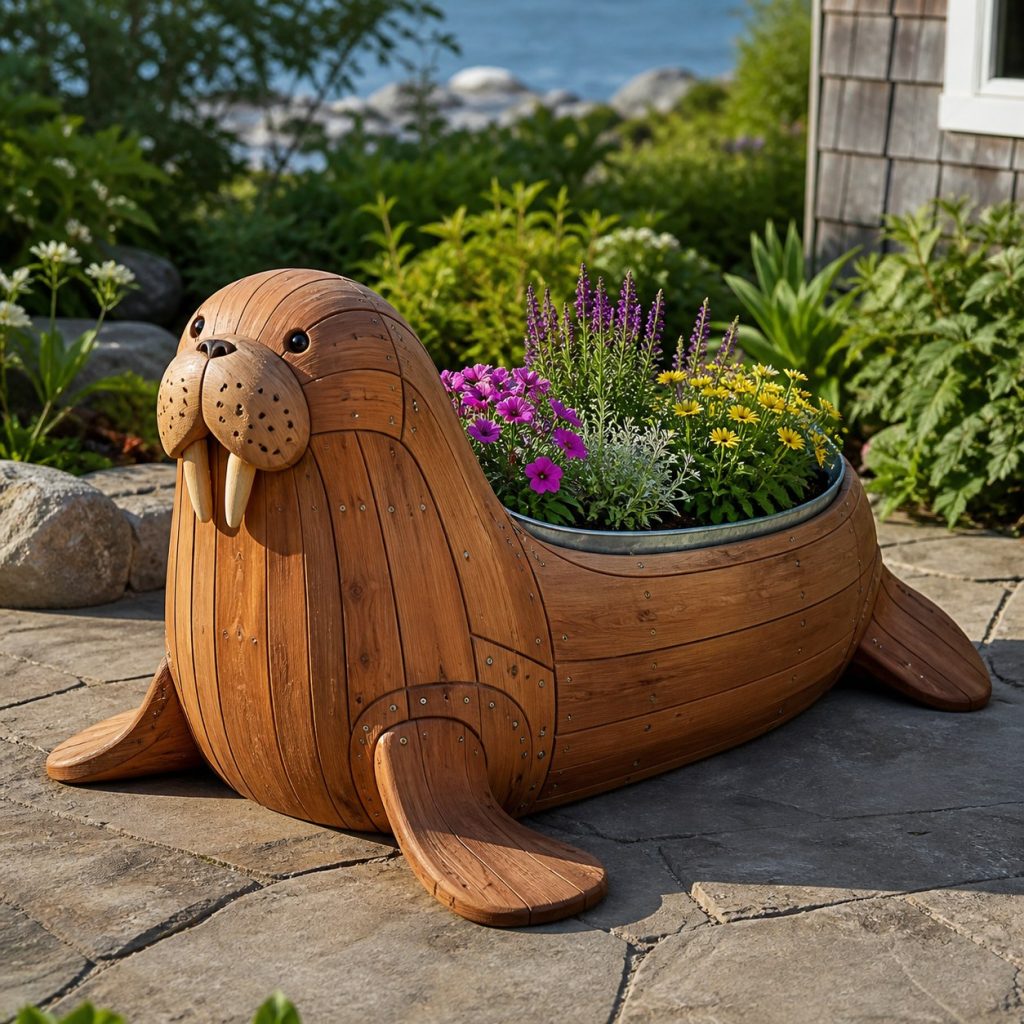 Walrus with Galvanized Liner shown as a square photorealistic cedar walrus-shaped garden planter filled with flowers