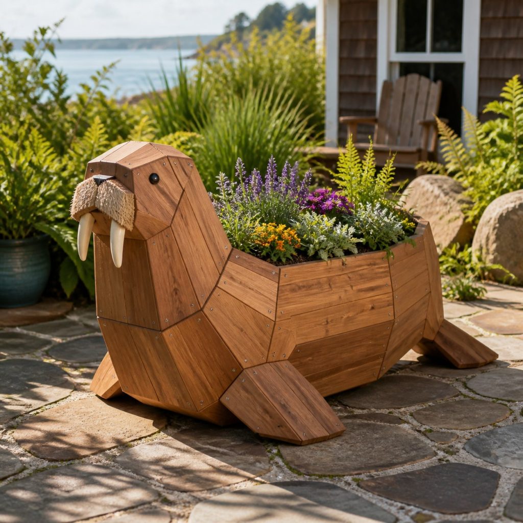 Modern Geometric Walrus shown as a square photorealistic cedar walrus-shaped garden planter filled with flowers