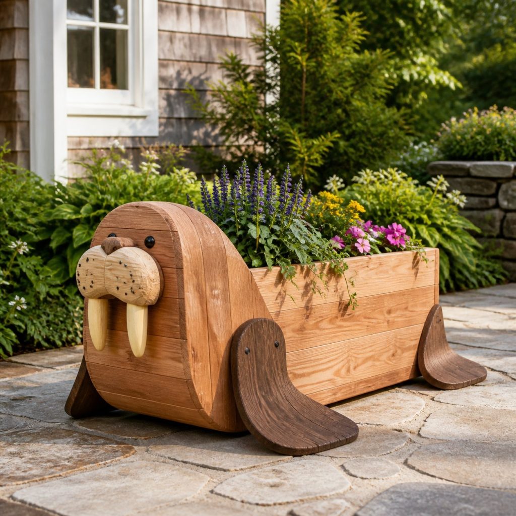 Two-Tone Cedar Walrus shown as a square photorealistic cedar walrus-shaped garden planter filled with flowers