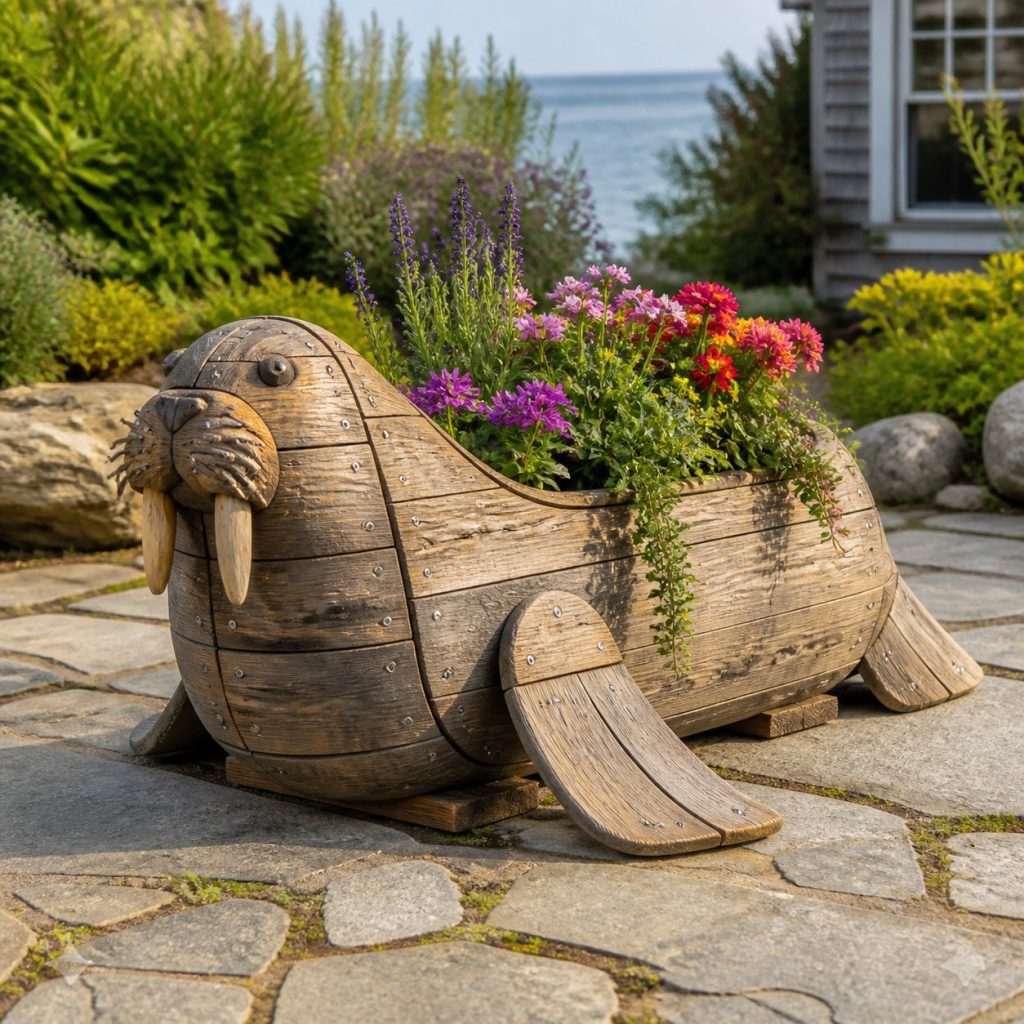 Weathered Cottage Walrus shown as a square photorealistic cedar walrus-shaped garden planter filled with flowers