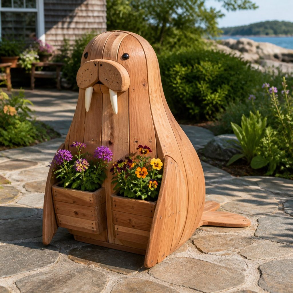 Upright Walrus with Twin Pots shown as a square photorealistic cedar walrus-shaped garden planter filled with flowers