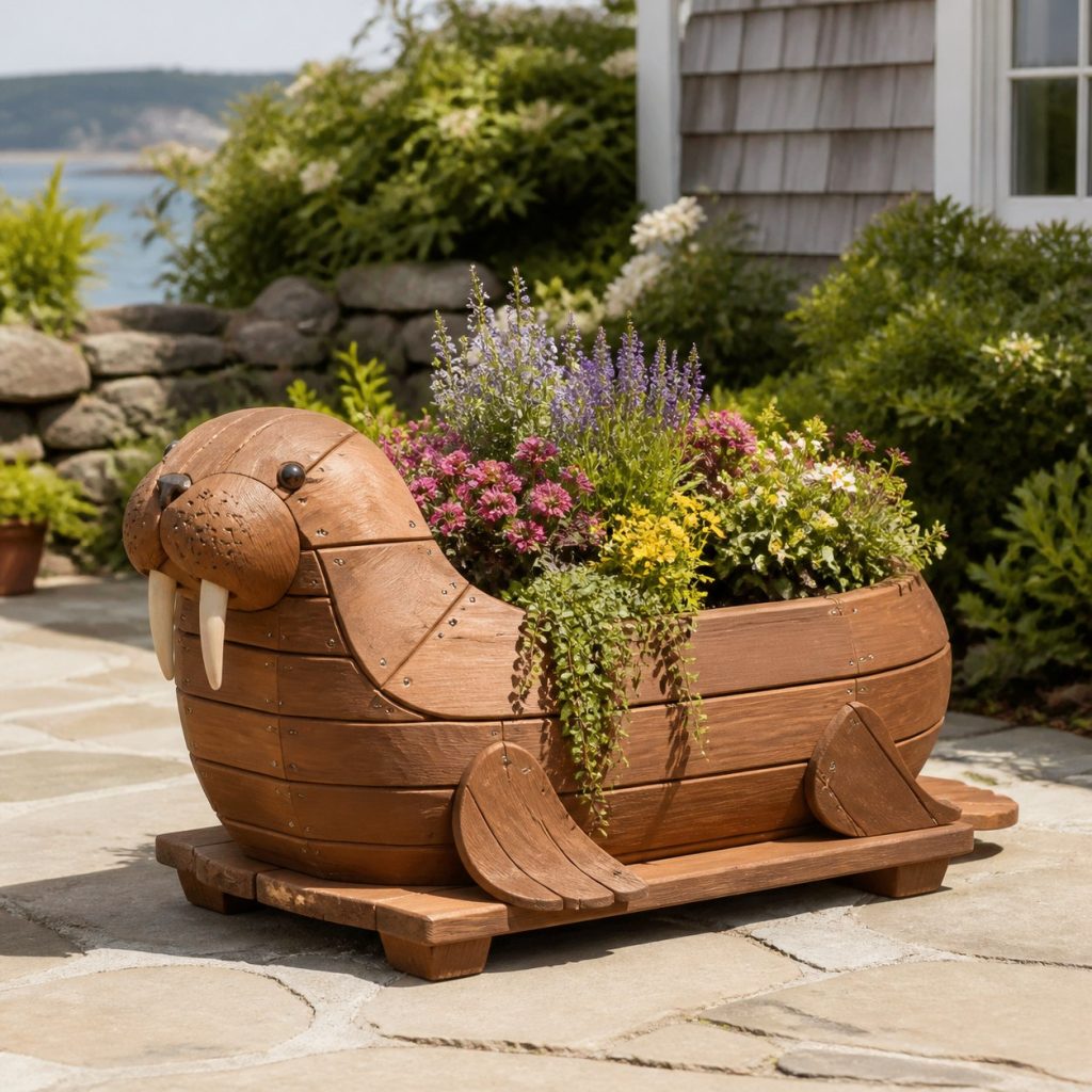 Trailing-Flower Walrus shown as a square photorealistic cedar walrus-shaped garden planter filled with flowers