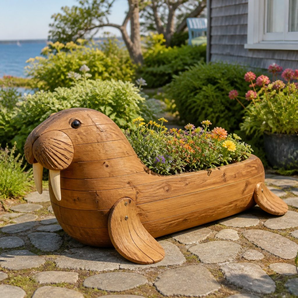 Large Grass-Filled Walrus shown as a square photorealistic cedar walrus-shaped garden planter filled with flowers