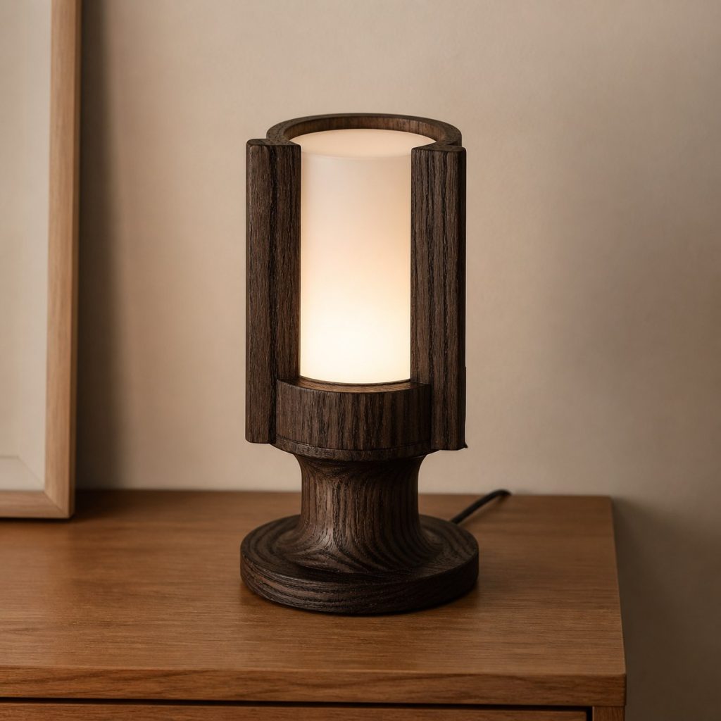 Wenge Turned Bedside Lamp shown as an original square photorealistic wenge wood lamp with authentic grain, warm diffused light, and a short dark power cord