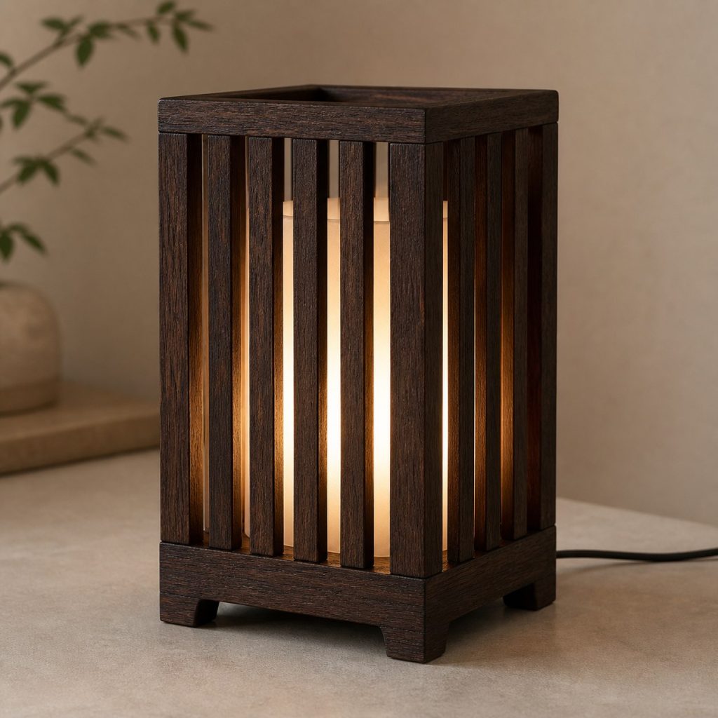 Wenge Slatted Lantern Lamp shown as an original square photorealistic wenge wood lamp with authentic grain, warm diffused light, and a short dark power cord