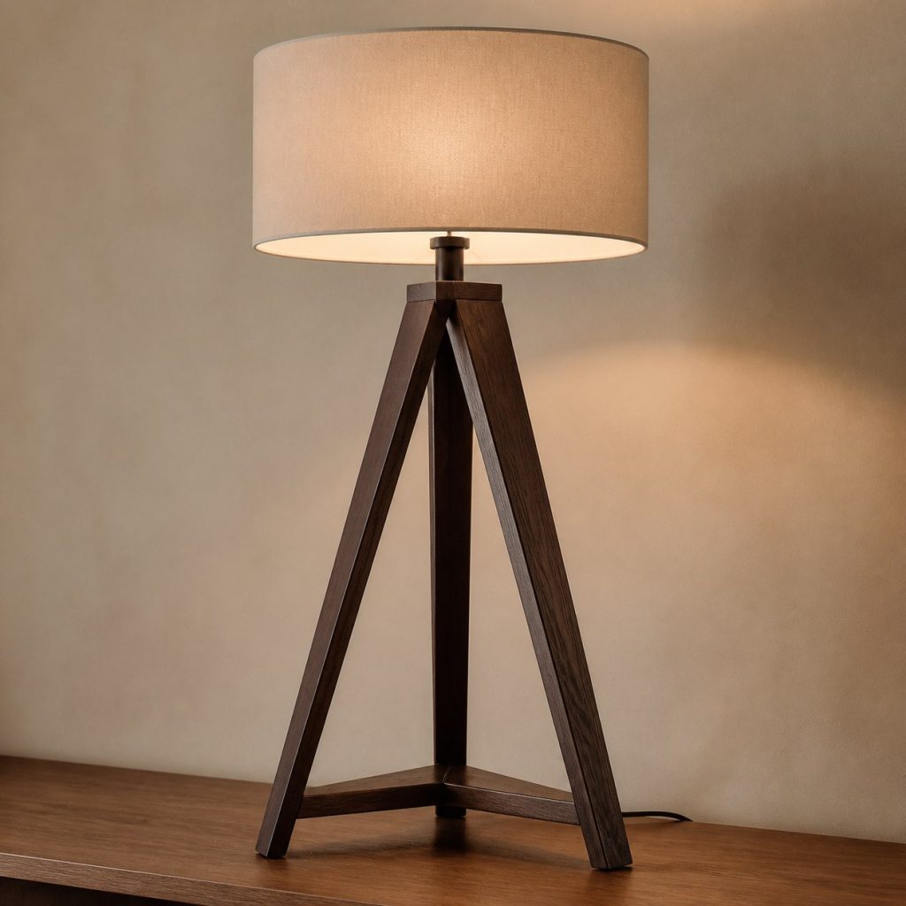 Wenge Tripod Reading Lamp shown as an original square photorealistic wenge wood lamp with authentic grain, warm diffused light, and a short dark power cord
