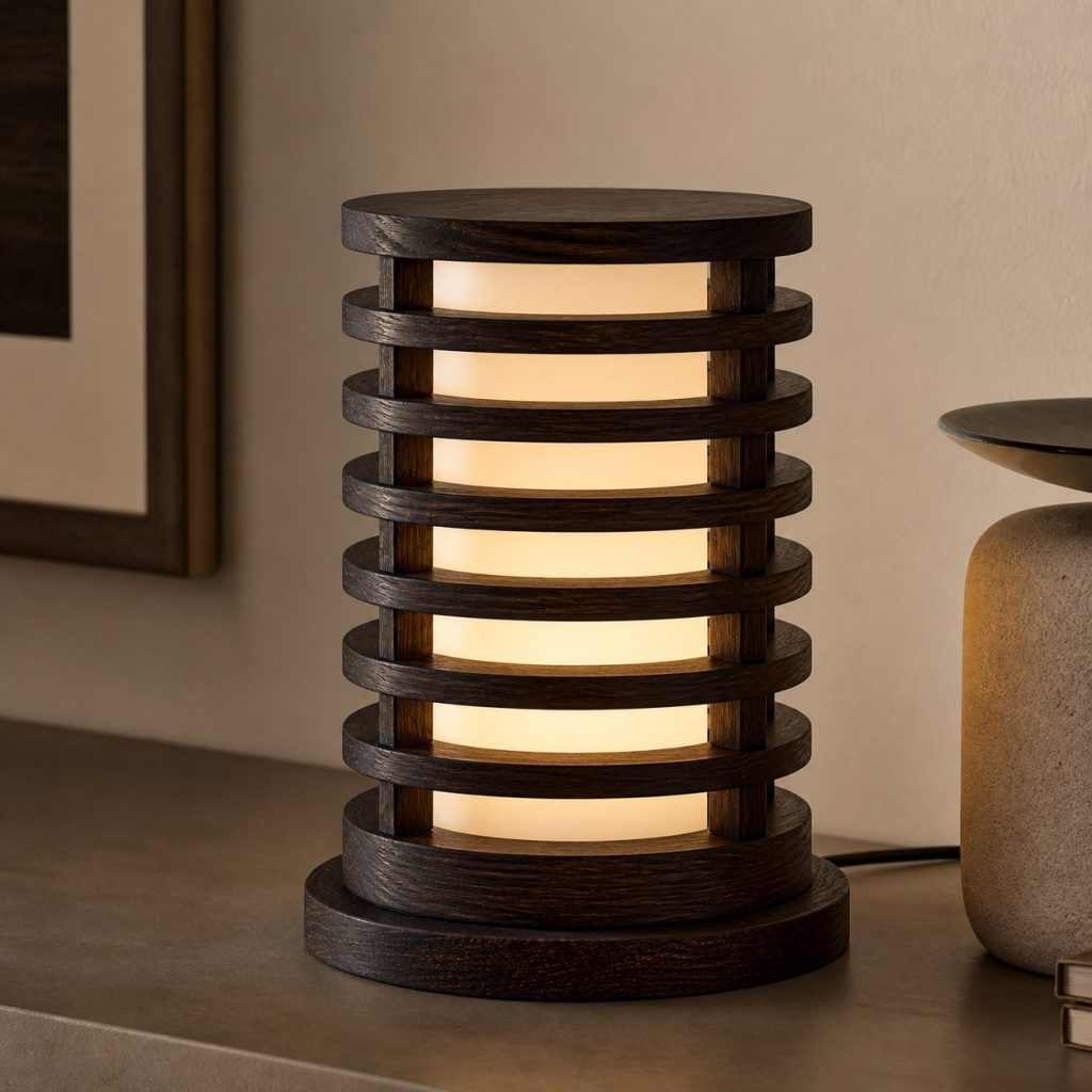 Wenge Stacked Ring Lamp shown as an original square photorealistic wenge wood lamp with authentic grain, warm diffused light, and a short dark power cord