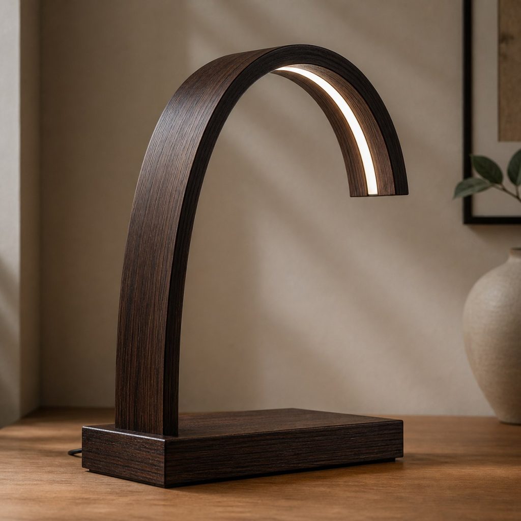 Wenge Laminated Arch Lamp shown as an original square photorealistic wenge wood lamp with authentic grain, warm diffused light, and a short dark power cord