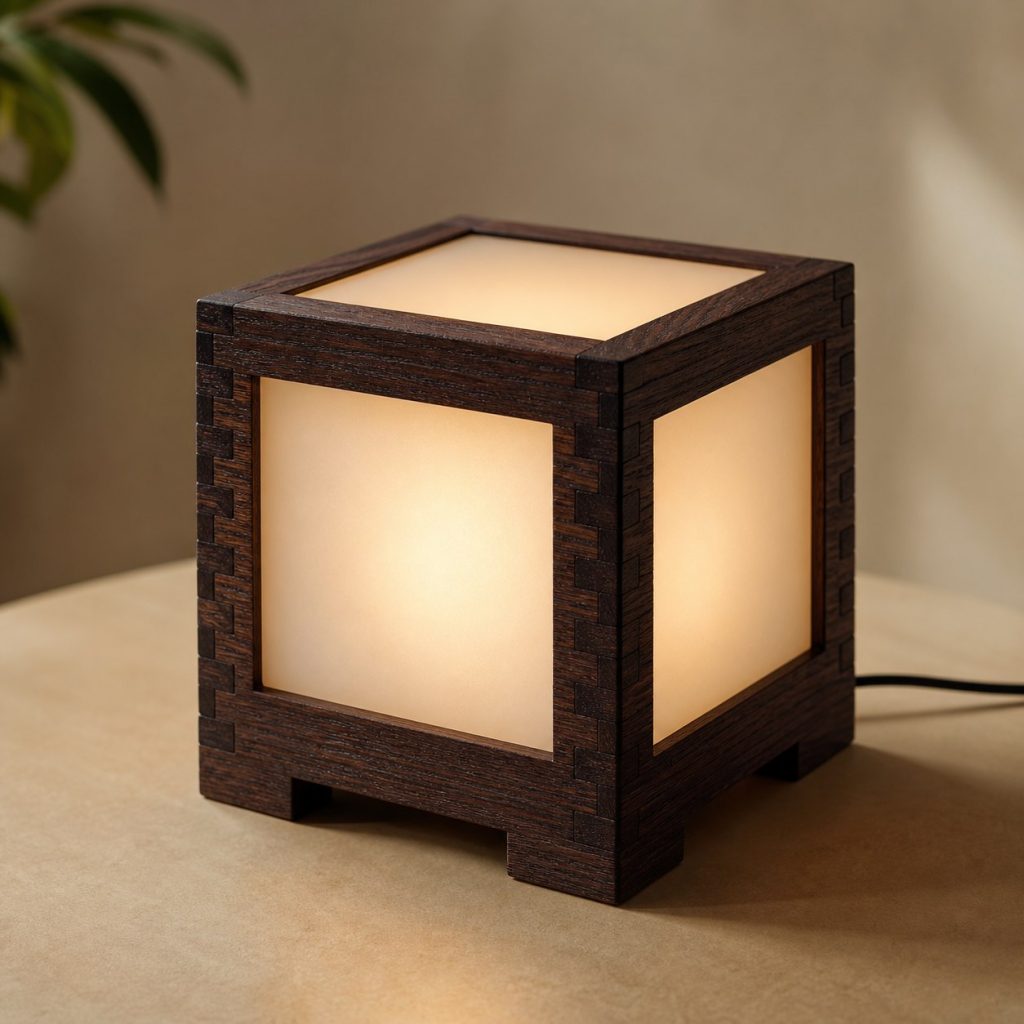 Wenge Box-Jointed Cube Lamp shown as an original square photorealistic wenge wood lamp with authentic grain, warm diffused light, and a short dark power cord