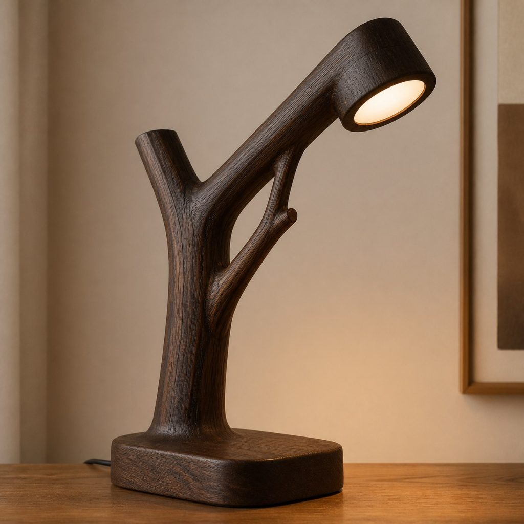 Wenge Branch Reading Lamp shown as an original square photorealistic wenge wood lamp with authentic grain, warm diffused light, and a short dark power cord