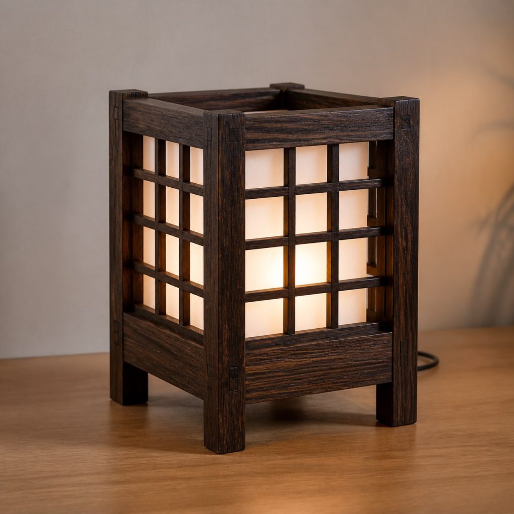 Wenge Lattice Lamp shown as an original square photorealistic wenge wood lamp with authentic grain, warm diffused light, and a short dark power cord