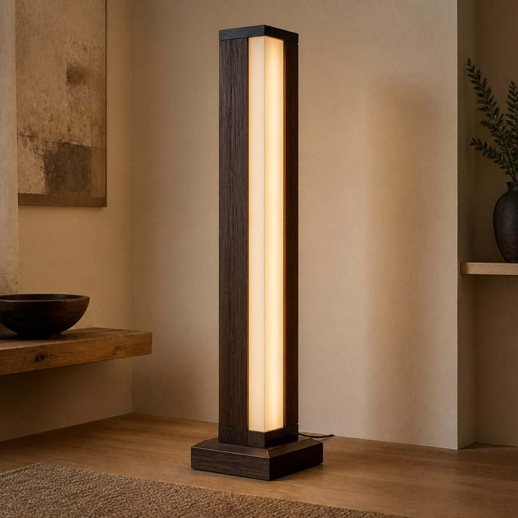 Wenge Column Floor Lamp shown as an original square photorealistic wenge wood lamp with authentic grain, warm diffused light, and a short dark power cord