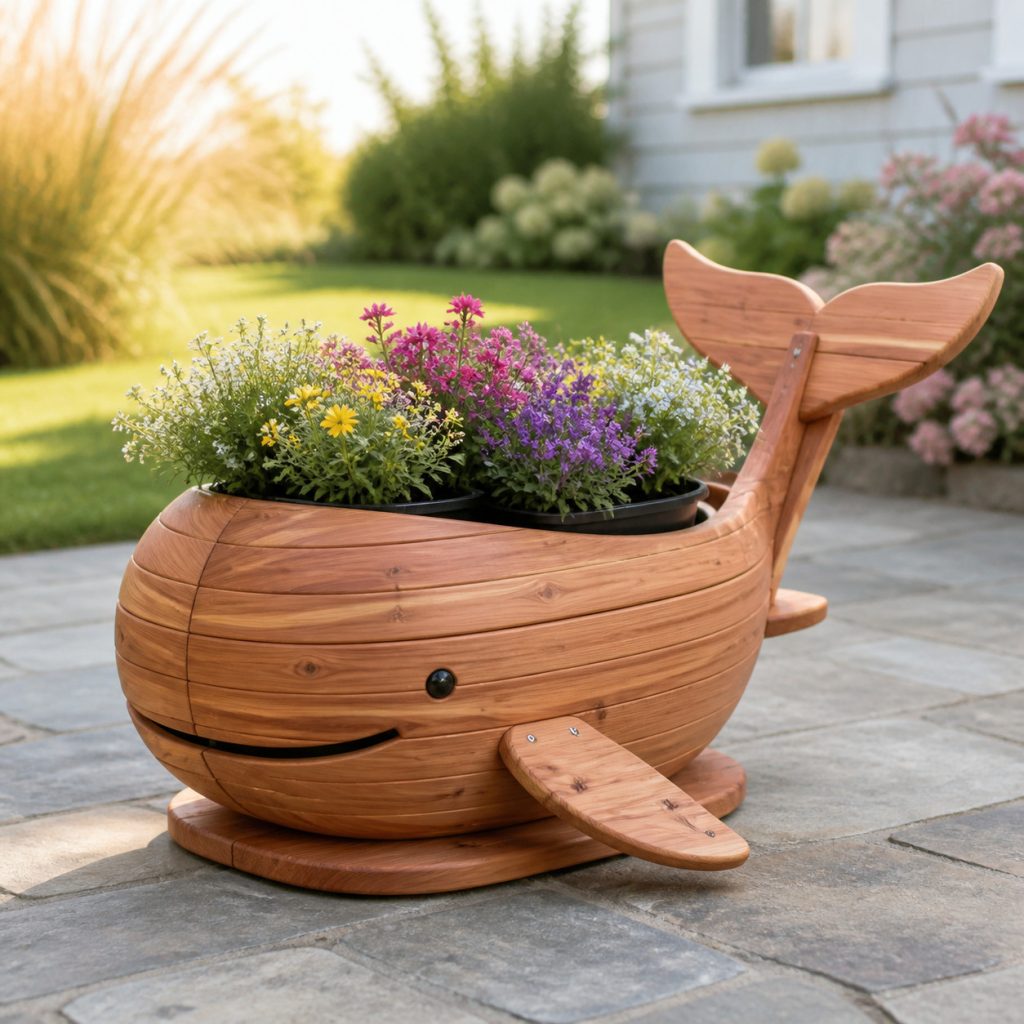 Compact Round Whale Planter shown as a square photorealistic cedar garden planter filled with cottage flowers