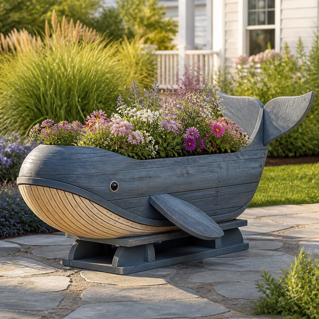 Long Blue-Gray Whale Trough shown as a square photorealistic cedar garden planter filled with cottage flowers