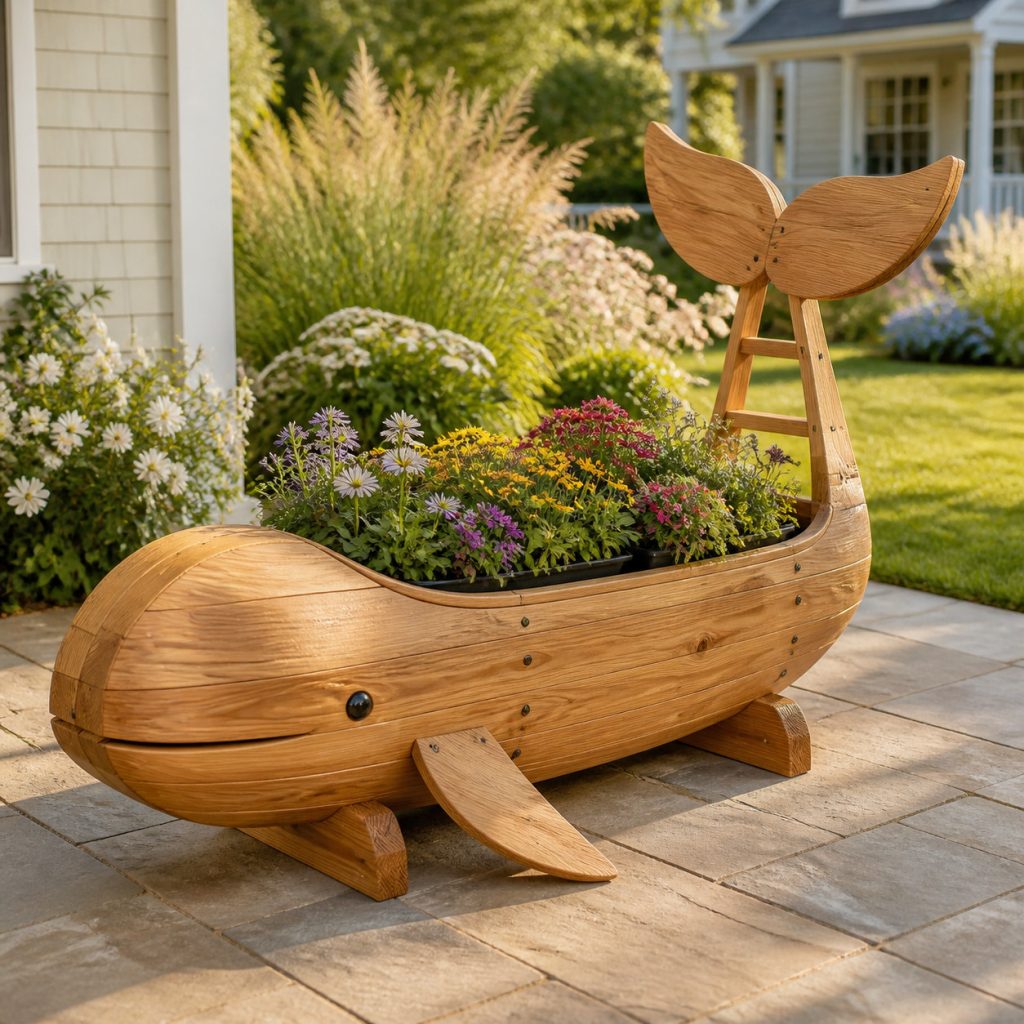 Whale with Tail-Fluke Trellis shown as a square photorealistic cedar garden planter filled with cottage flowers