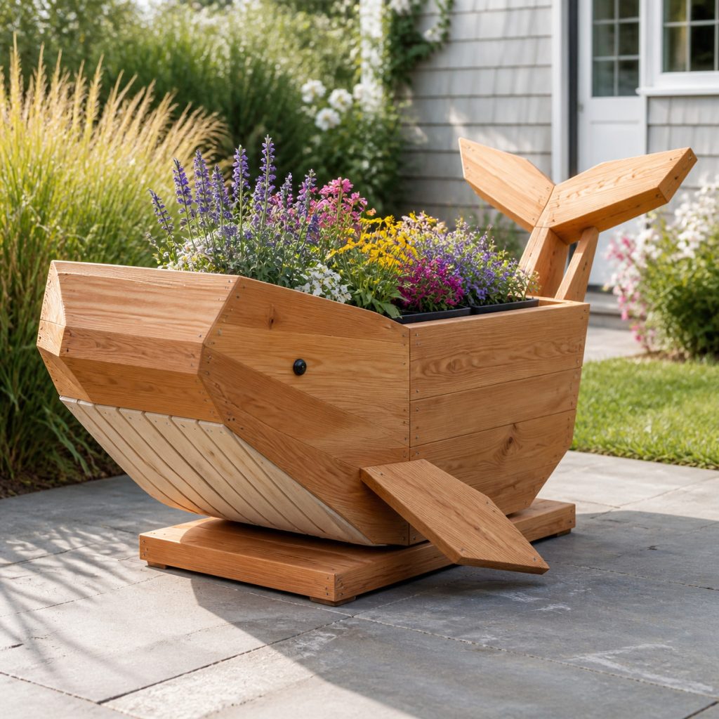 Modern Geometric Whale shown as a square photorealistic cedar garden planter filled with cottage flowers