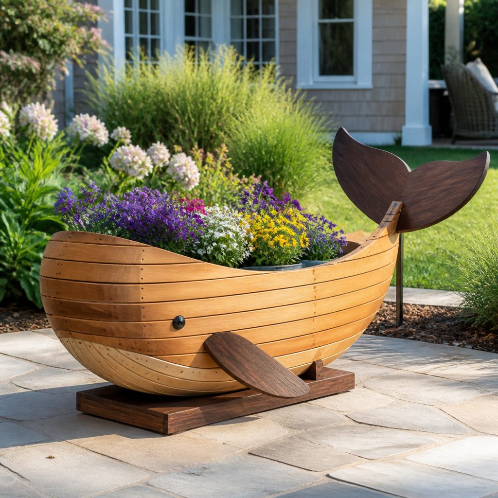 Two-Tone Coastal Whale shown as a square photorealistic cedar garden planter filled with cottage flowers