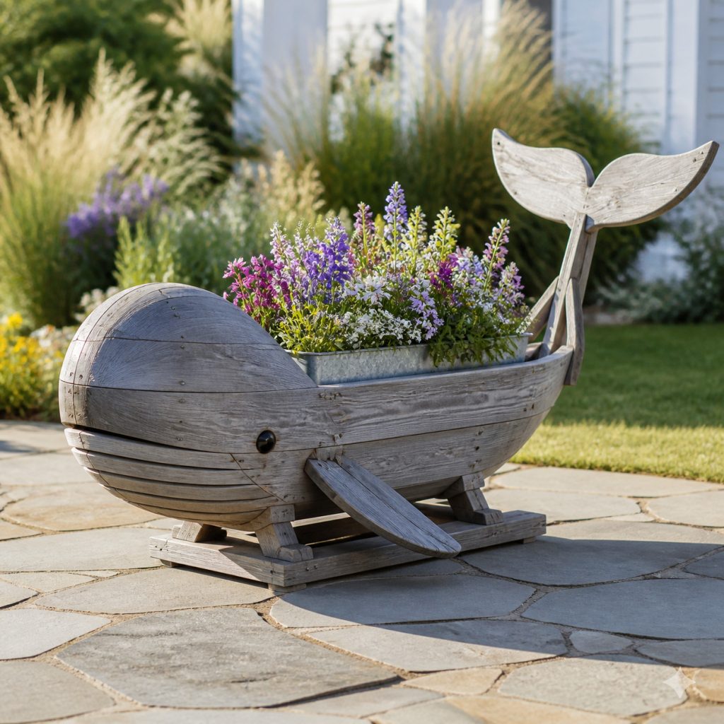 Weathered Seaside Whale shown as a square photorealistic cedar garden planter filled with cottage flowers