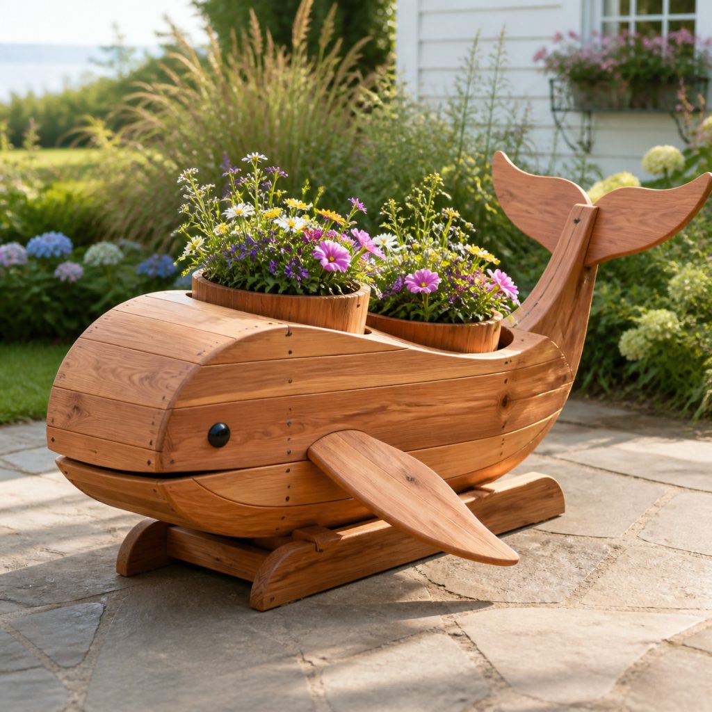 Whale with Twin Flower Pots shown as a square photorealistic cedar garden planter filled with cottage flowers
