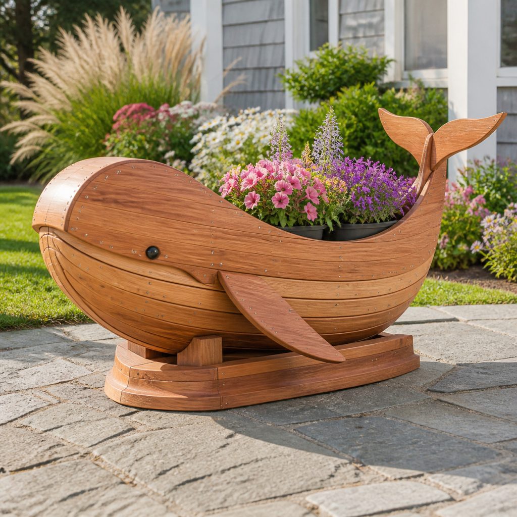 Layered-Slat Whale Planter shown as a square photorealistic cedar garden planter filled with cottage flowers