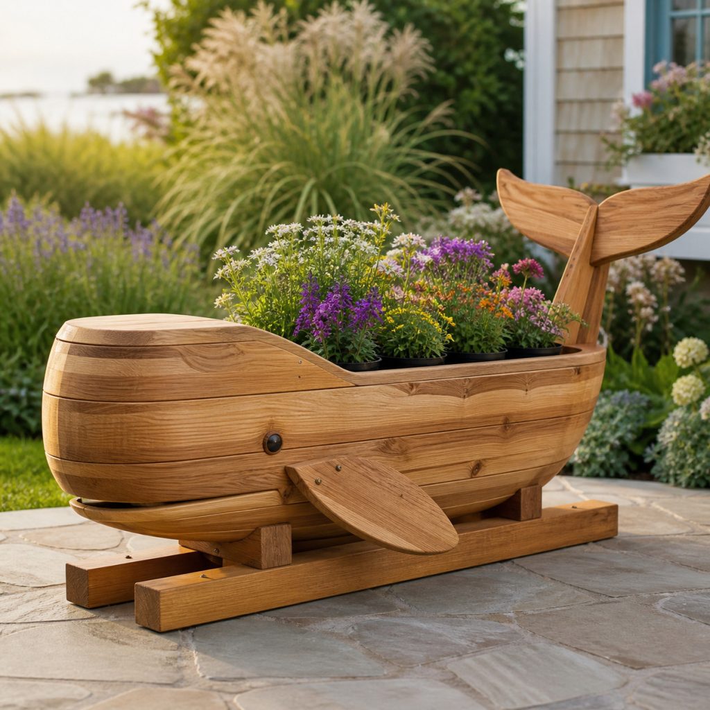 Whale on Wide Base Rails shown as a square photorealistic cedar garden planter filled with cottage flowers