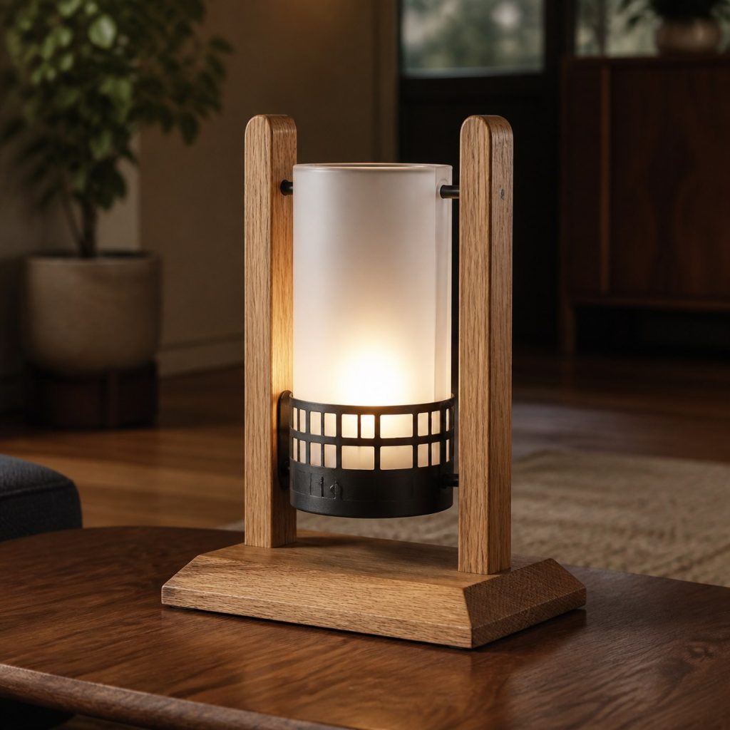 White-Oak Frosted-Cylinder Lamp shown as a square photorealistic original wood and glass lamp with warm LED light, visible real wood grain, and physically plausible support