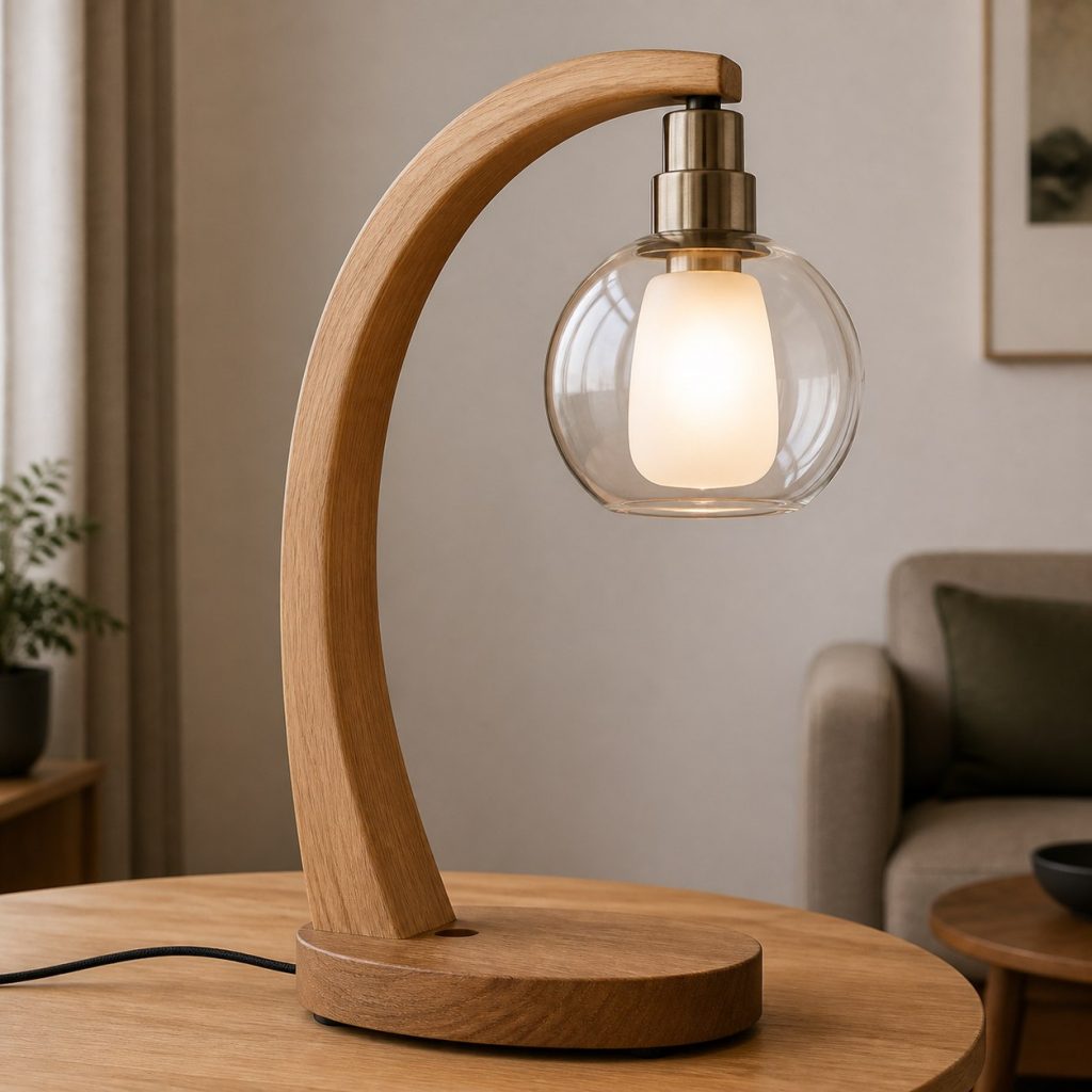 Ash Arch Glass-Globe Lamp shown as a square photorealistic original wood and glass lamp with warm LED light, visible real wood grain, and physically plausible support