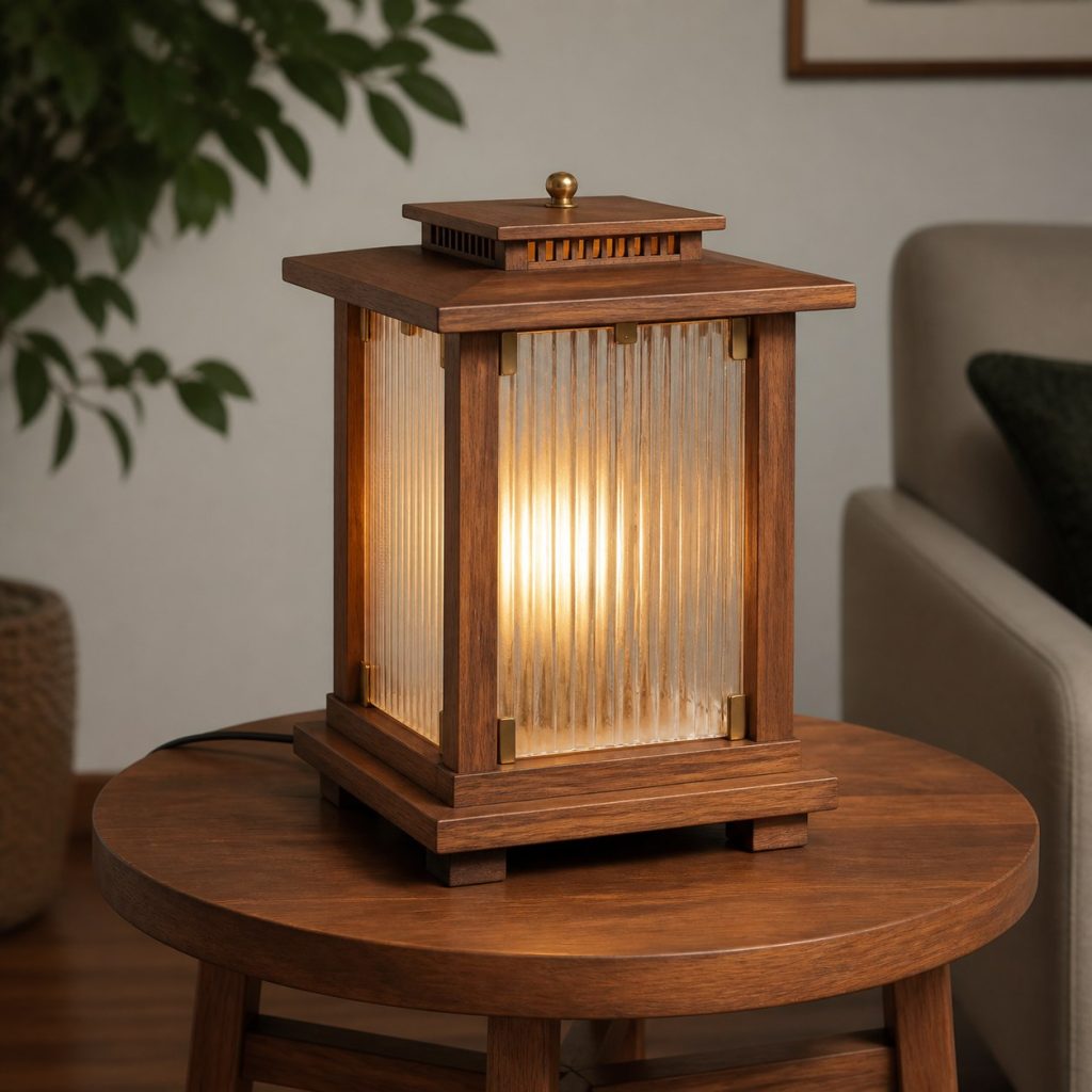 Cherry Ribbed-Glass Lantern shown as a square photorealistic original wood and glass lamp with warm LED light, visible real wood grain, and physically plausible support