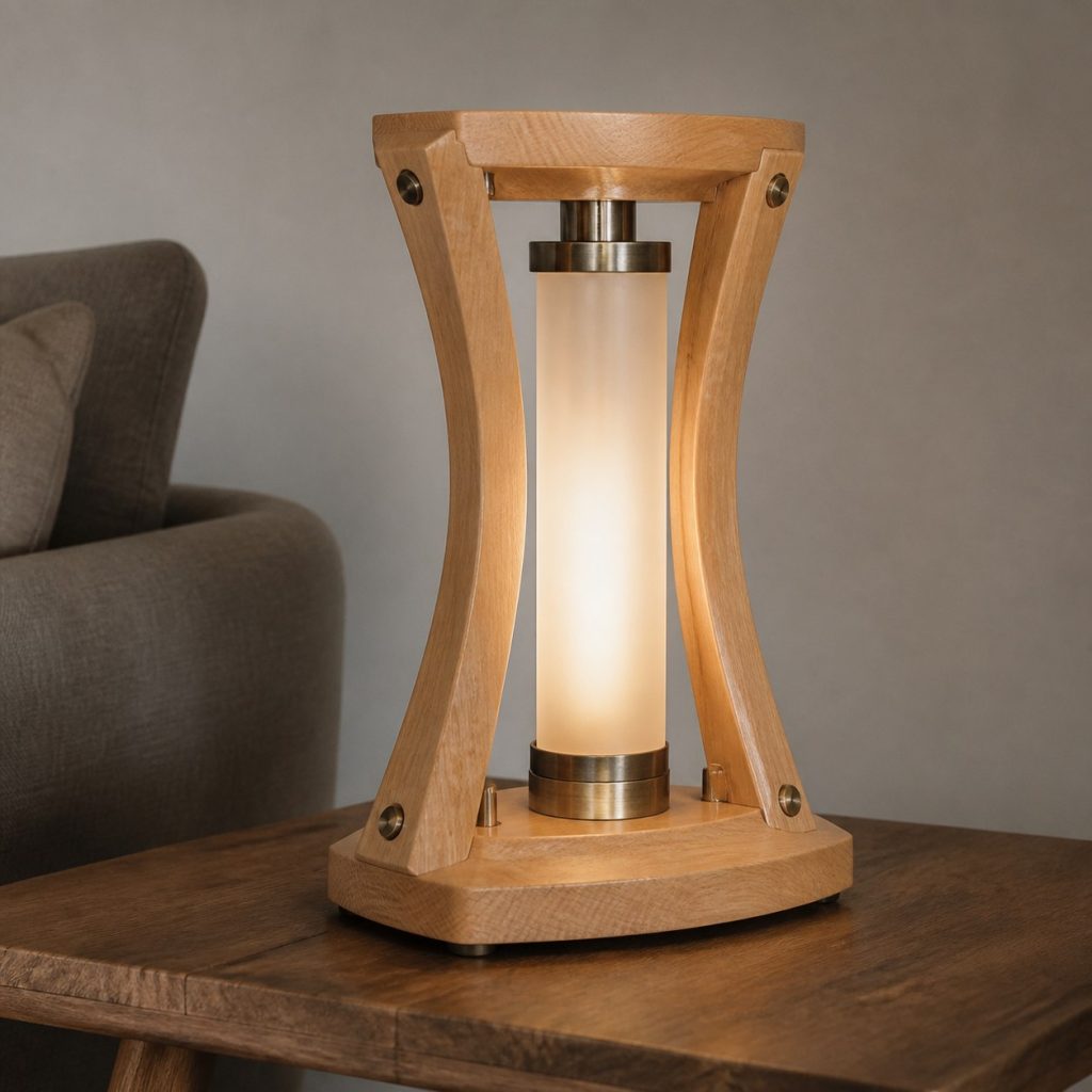 Maple Hourglass-Frame Lamp shown as a square photorealistic original wood and glass lamp with warm LED light, visible real wood grain, and physically plausible support