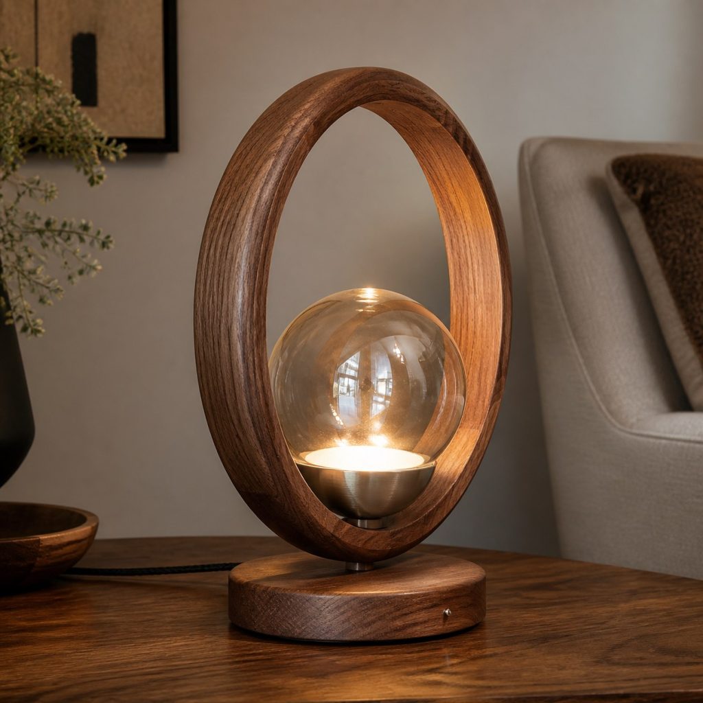 Walnut Ring and Glass-Orb Lamp shown as a square photorealistic original wood and glass lamp with warm LED light, visible real wood grain, and physically plausible support
