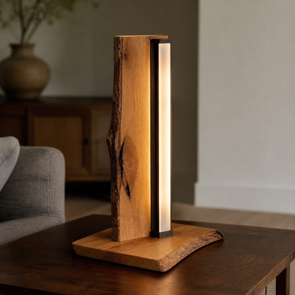 Live-Edge Oak Glass-Column Lamp shown as a square photorealistic original wood and glass lamp with warm LED light, visible real wood grain, and physically plausible support