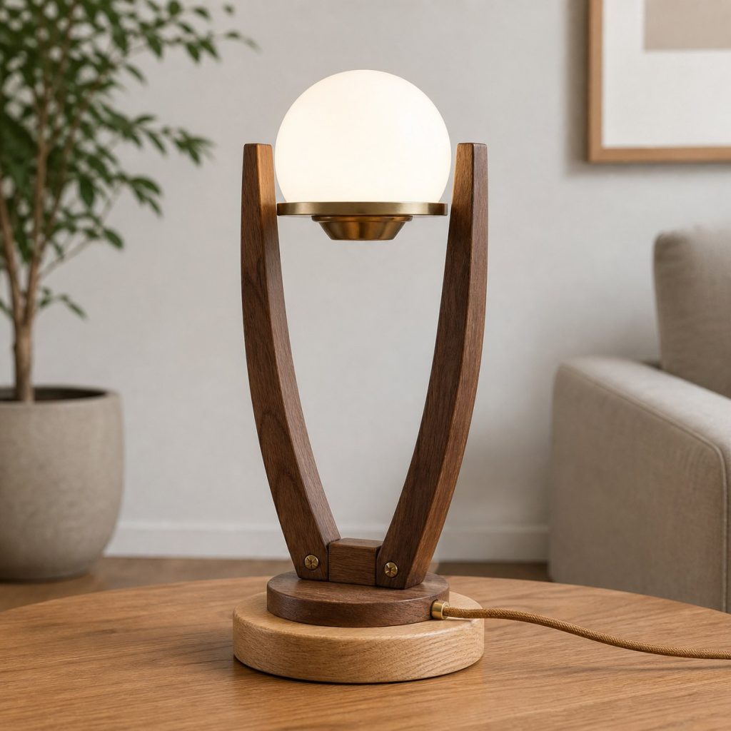 Two-Tone Wood and Glass Bedside Lamp shown as a square photorealistic original wood and glass lamp with warm LED light, visible real wood grain, and physically plausible support
